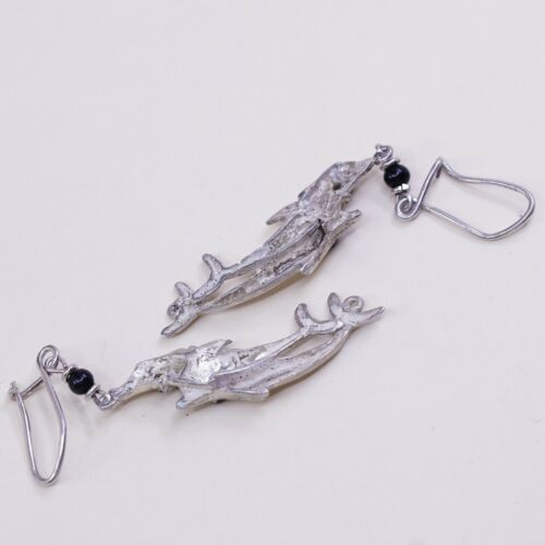 Vintage Sterling 925 Silver Handmade Dolphin Fish dangle earrings W/ Obsidian