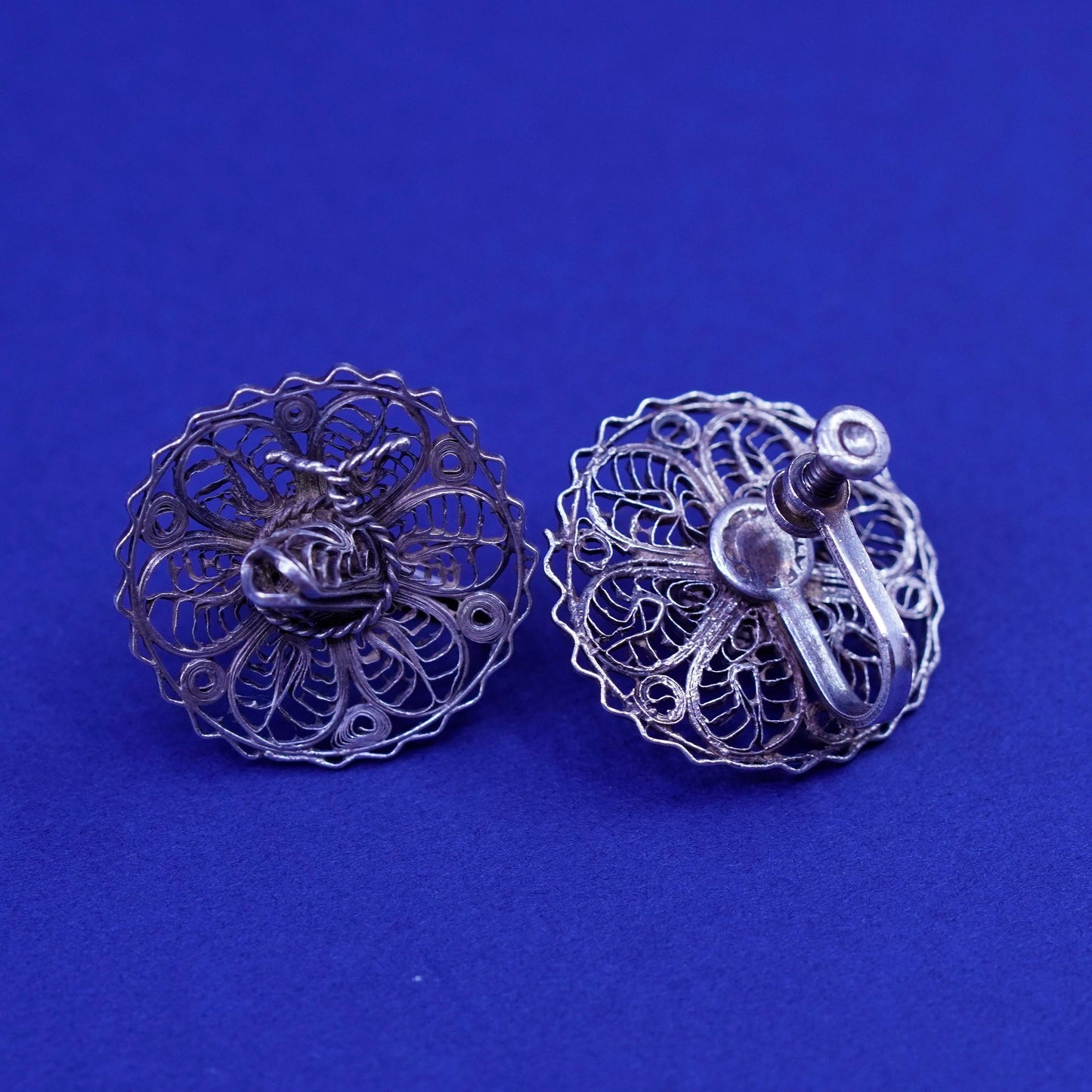 Vintage Sterling silver handmade earrings, filigree 925 sombrero hat screw back