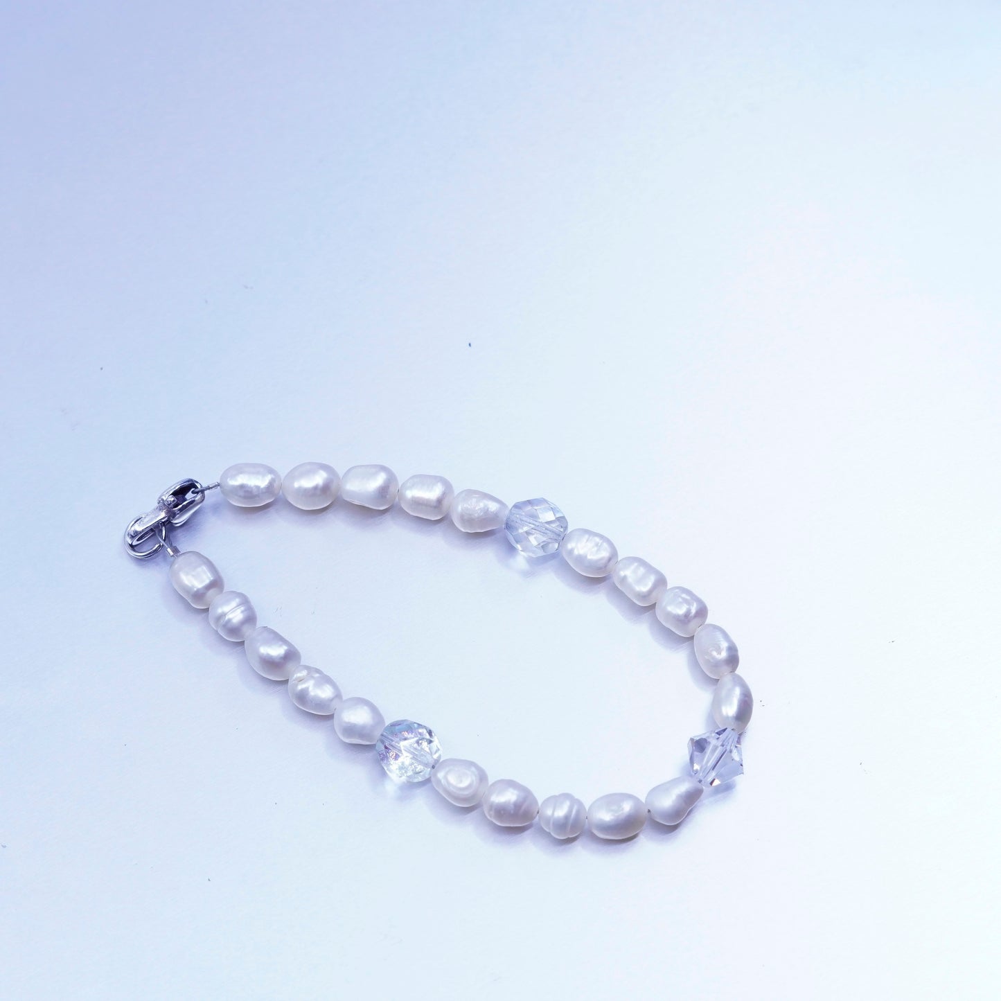 7.25”, vintage Sterling 925 silver bracelet with freshwater pearl and crystal