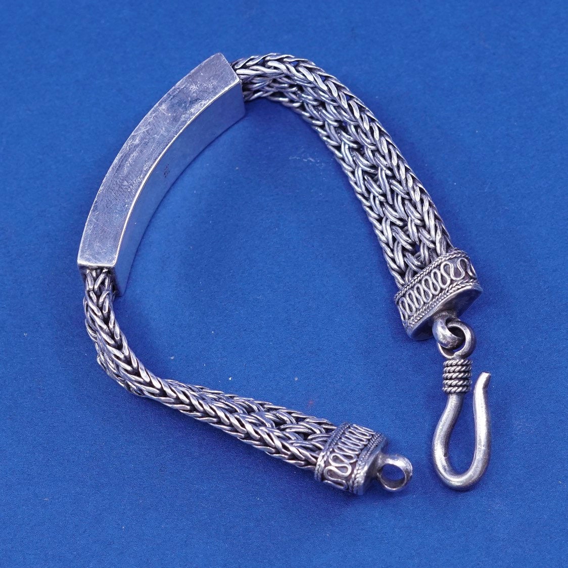 6.5”, vtg Sterling silver handmade bracelet, 925 wheat chain w/ swirl bar