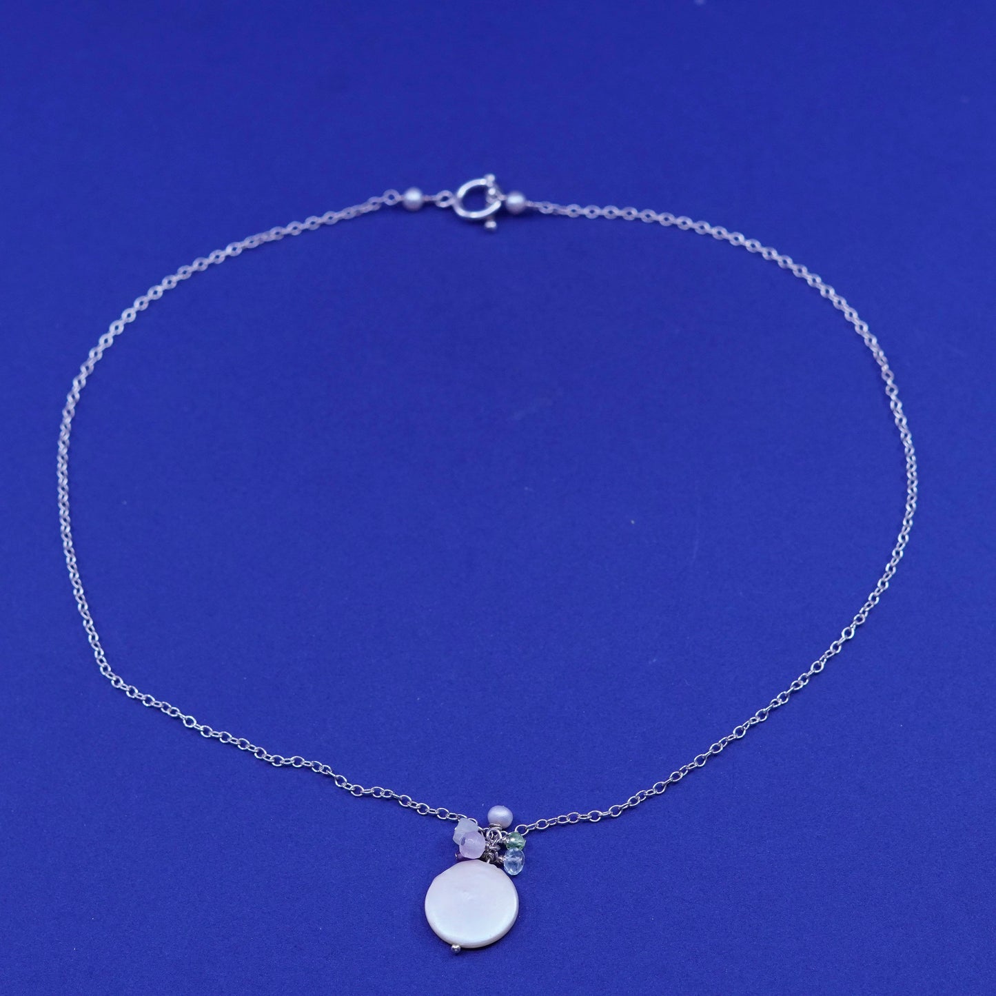 17”, vintage Sterling silver necklace, 925 circle chain with coin pearl pendant
