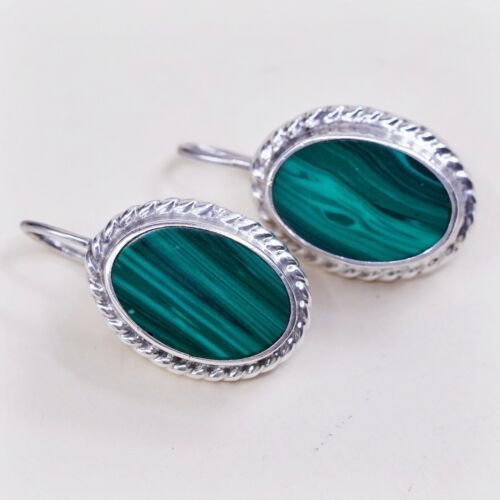 Vtg Mexico handmade Sterling Silver earrings, 925 Oval Malachite Dangles
