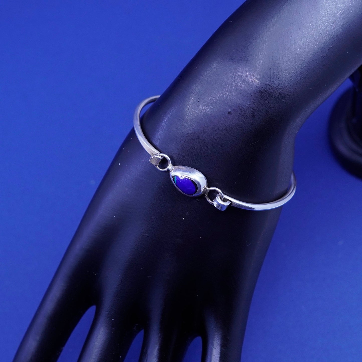 6.5”, vintage sterling silver handmade bracelet, 925 hinged bangle w/ rainstone