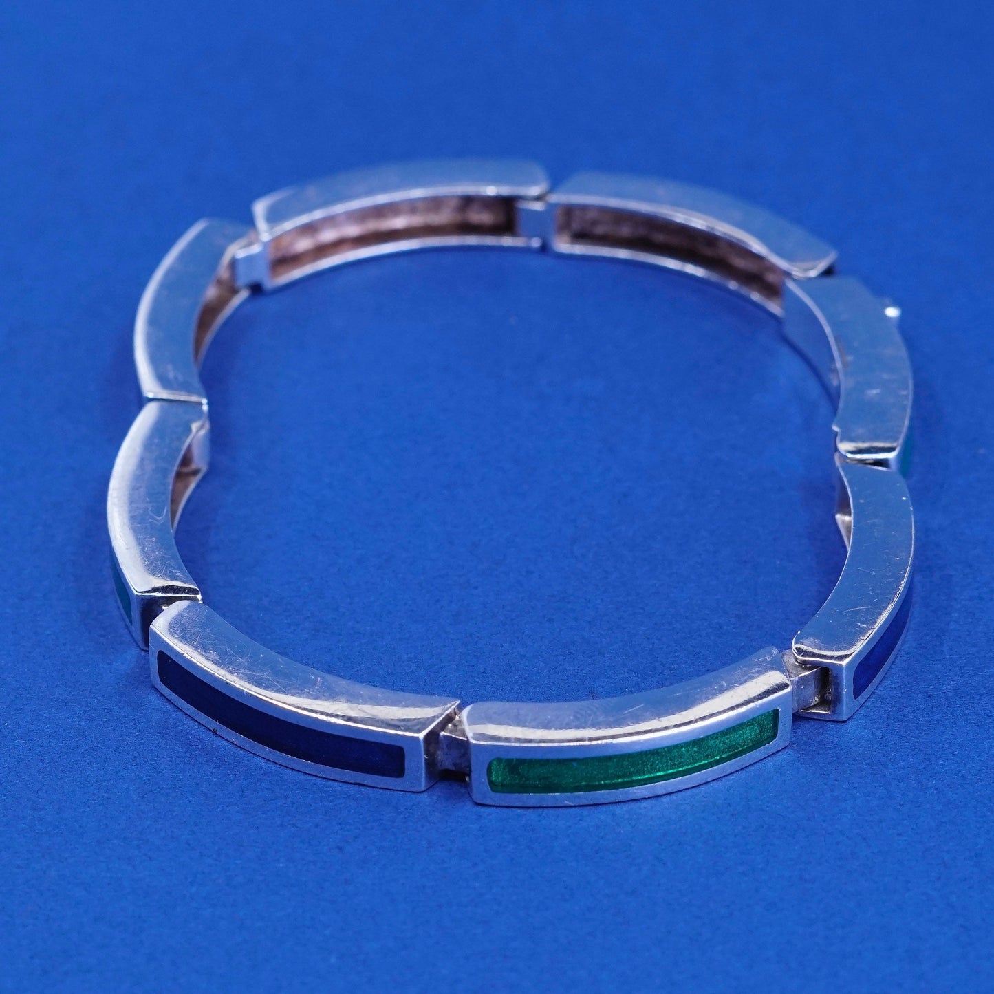 7.25”, vintage Sterling silver handmade bracelet, 925 bar with enamel
