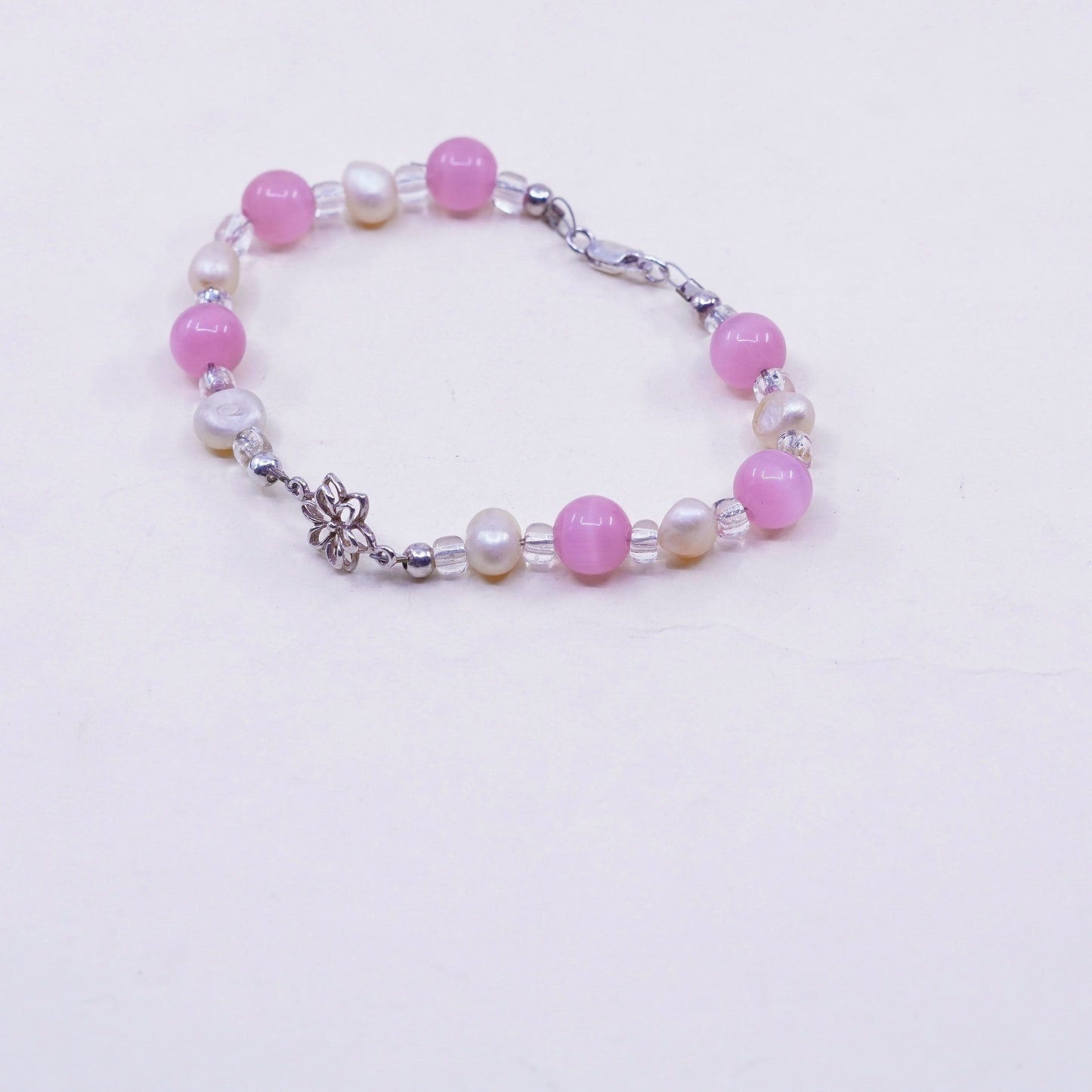 7”, handmade bracelet pearl pink cat eye beads sterling 925 silver flower