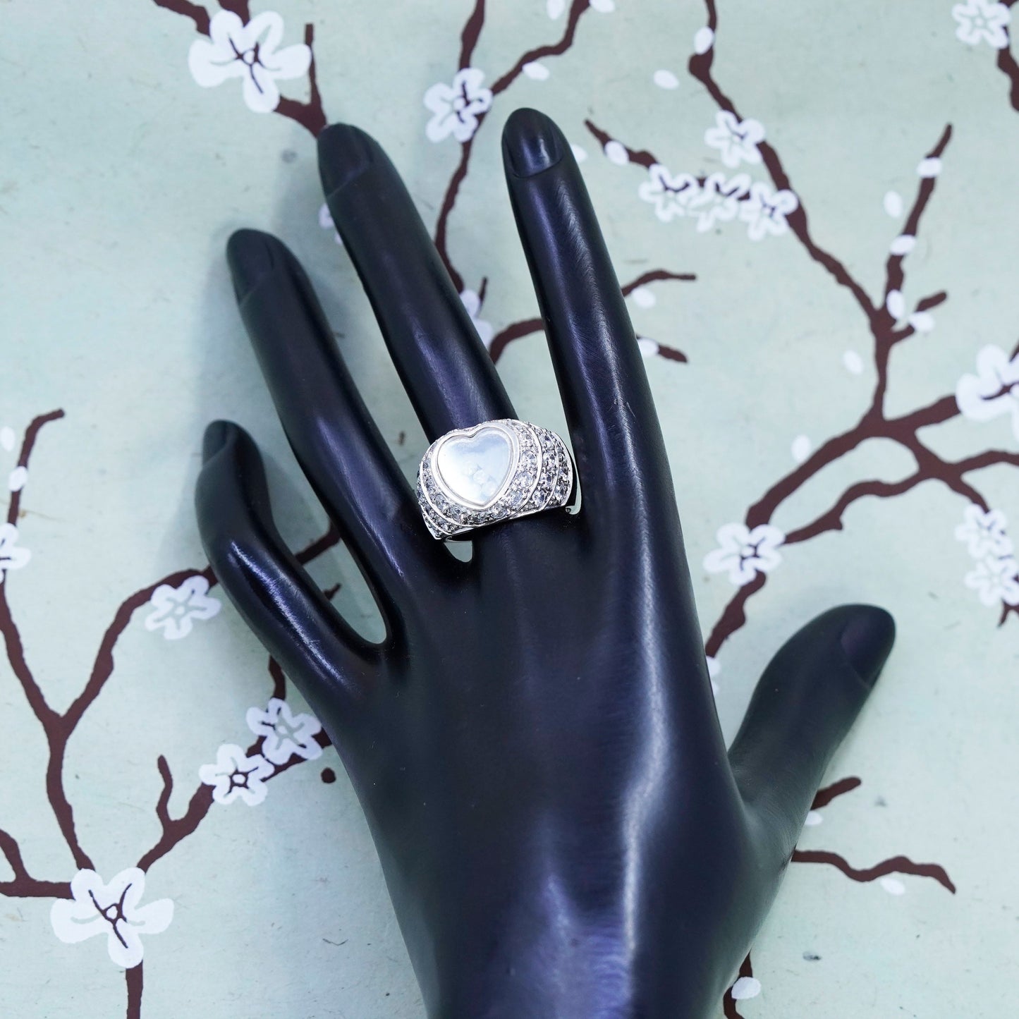 Size 9, Vintage handmade sterling 925 silver heart cz charm ring