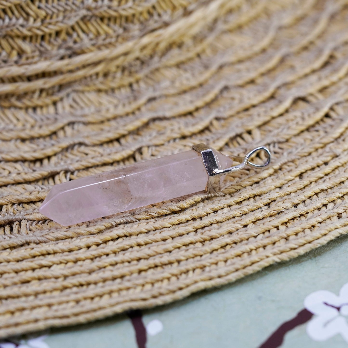 Vintage sterling 925 silver handmade healing pendant with pink rose quartz