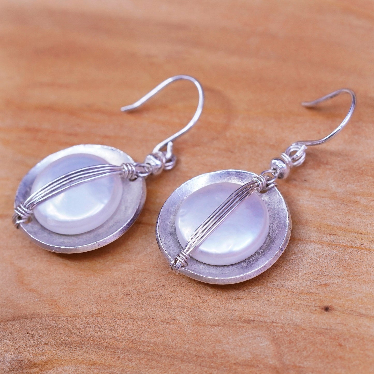 Retired Sterling 925 Silver 925 disc handmade Coin Pearl Earrings