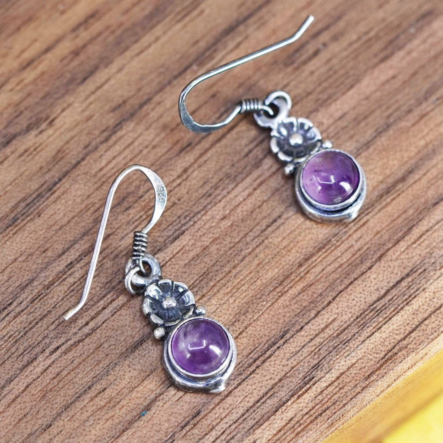 Vintage Sterling 925 silver handmade flower earrings with amethyst