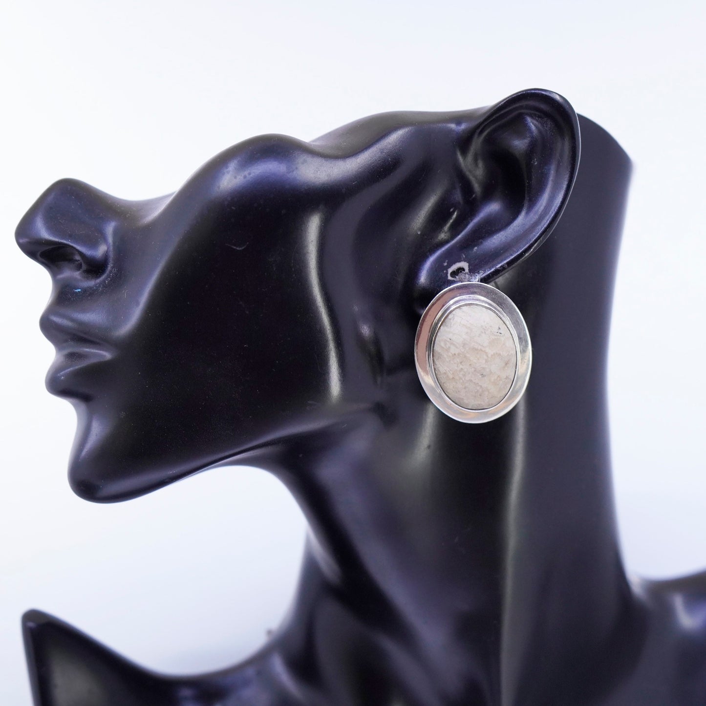 AKR Amy Kahn Russell 925 silver handmade earrings, oval clip on w/ ivory jasper