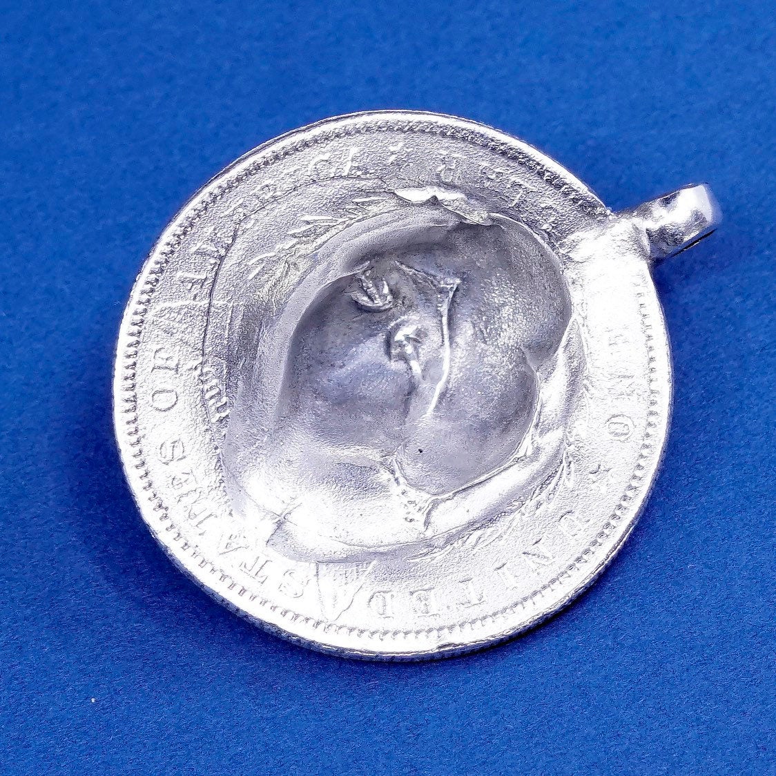 vtg 1880s sterling 925 silver coin, Pluribus unum liberty one dollar pendant