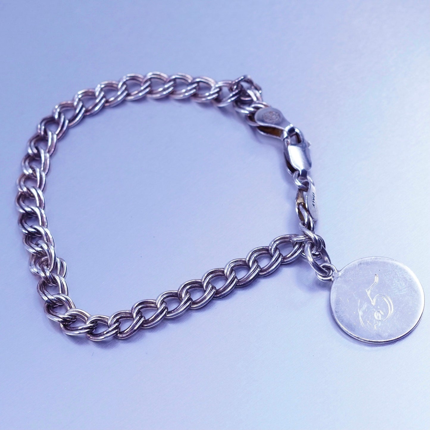 6.5”, Italy Sterling 925 silver handmade bracelet, curb chain initial C charm