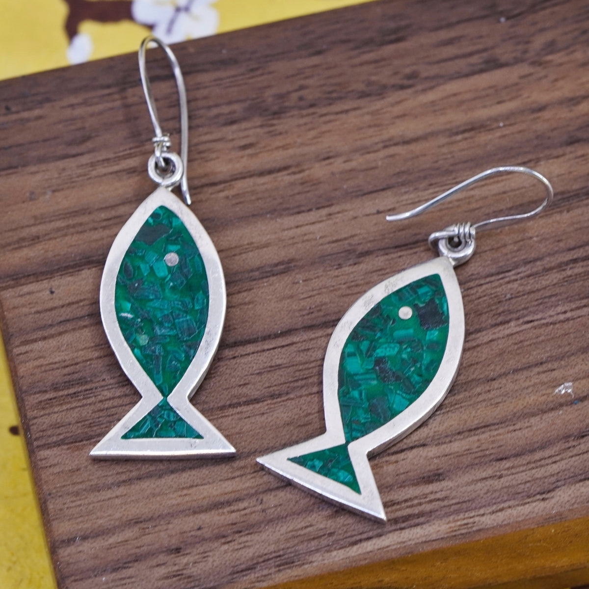 Vintage mexico Sterling silver handmade earrings, 925 fish with turquoise