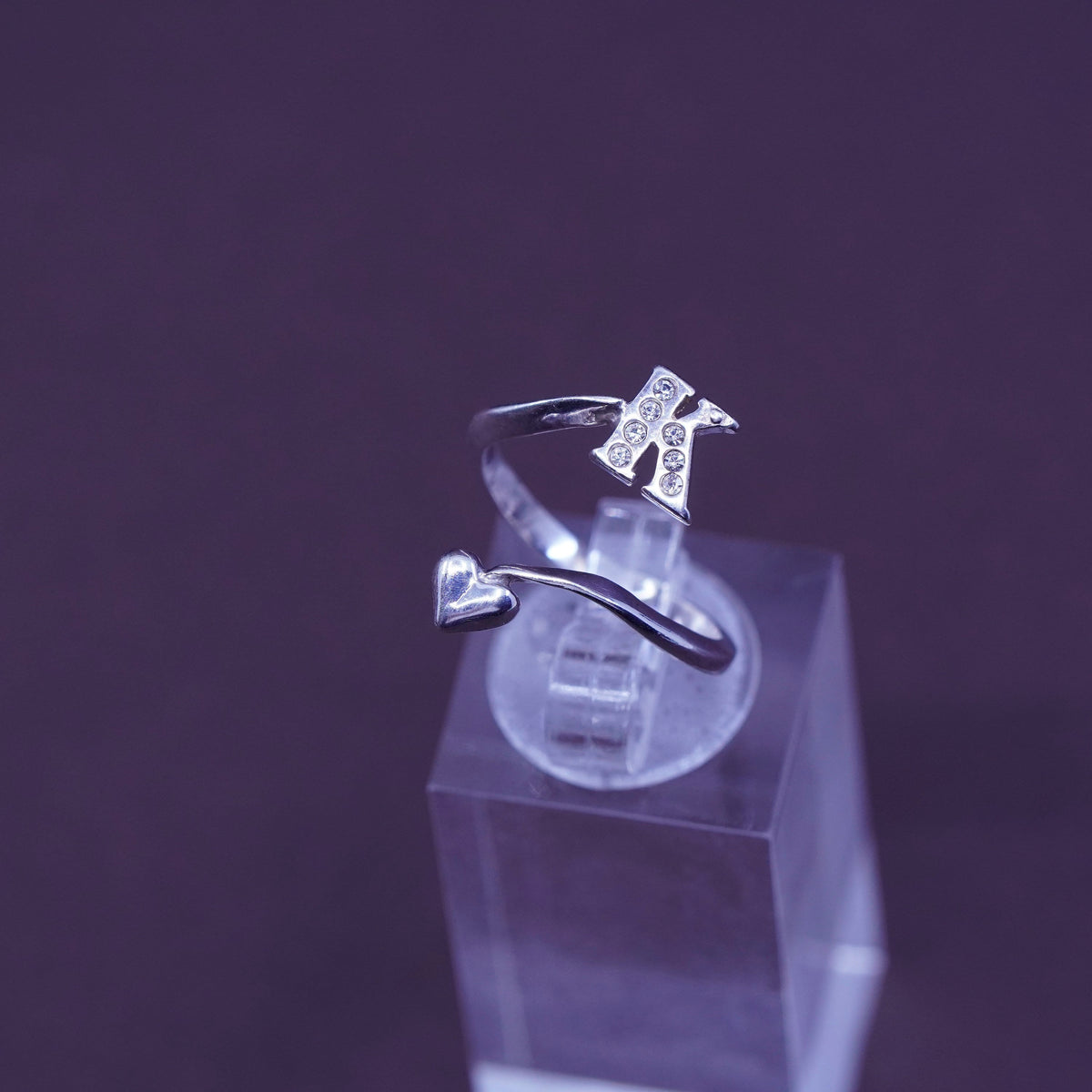 Size adjustable, vintage PQ Sterling silver ring, 925 initial letter band K cz