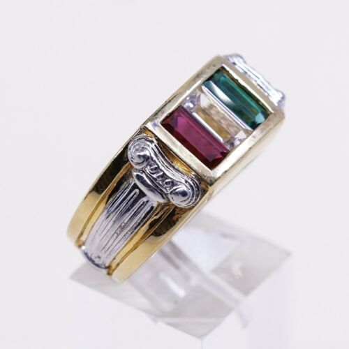 Sz 10.75, vermeil gold over Sterling Silver Ring, 925 Band W/ Lab Ruby N Peridot