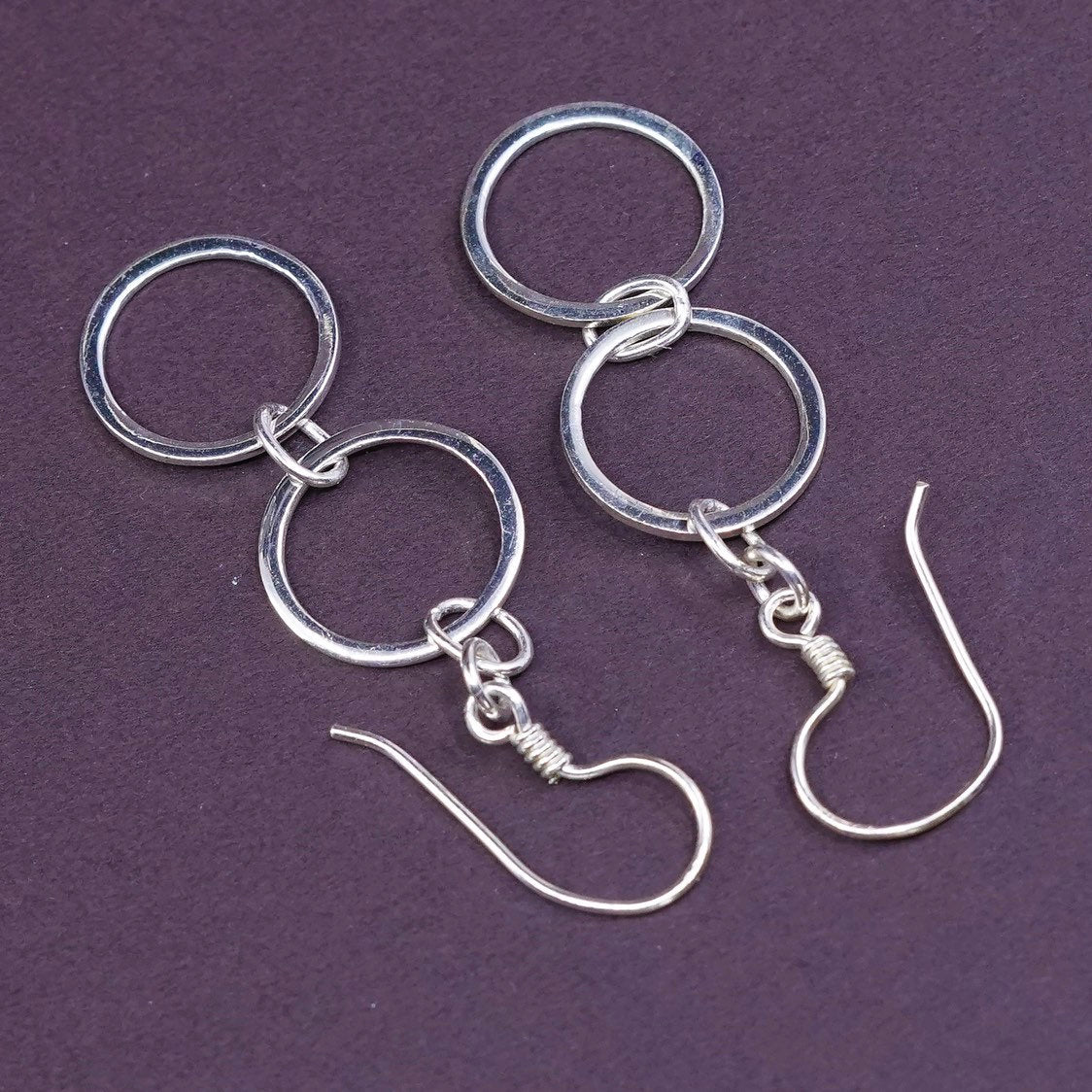 2” long, VTG Sterling silver handmade earrings, 925 double circles dangle