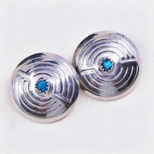 Vintage Sterling Silver Handmade Earrings, Navajo 925 Ribbed Studs W/ Turquoise