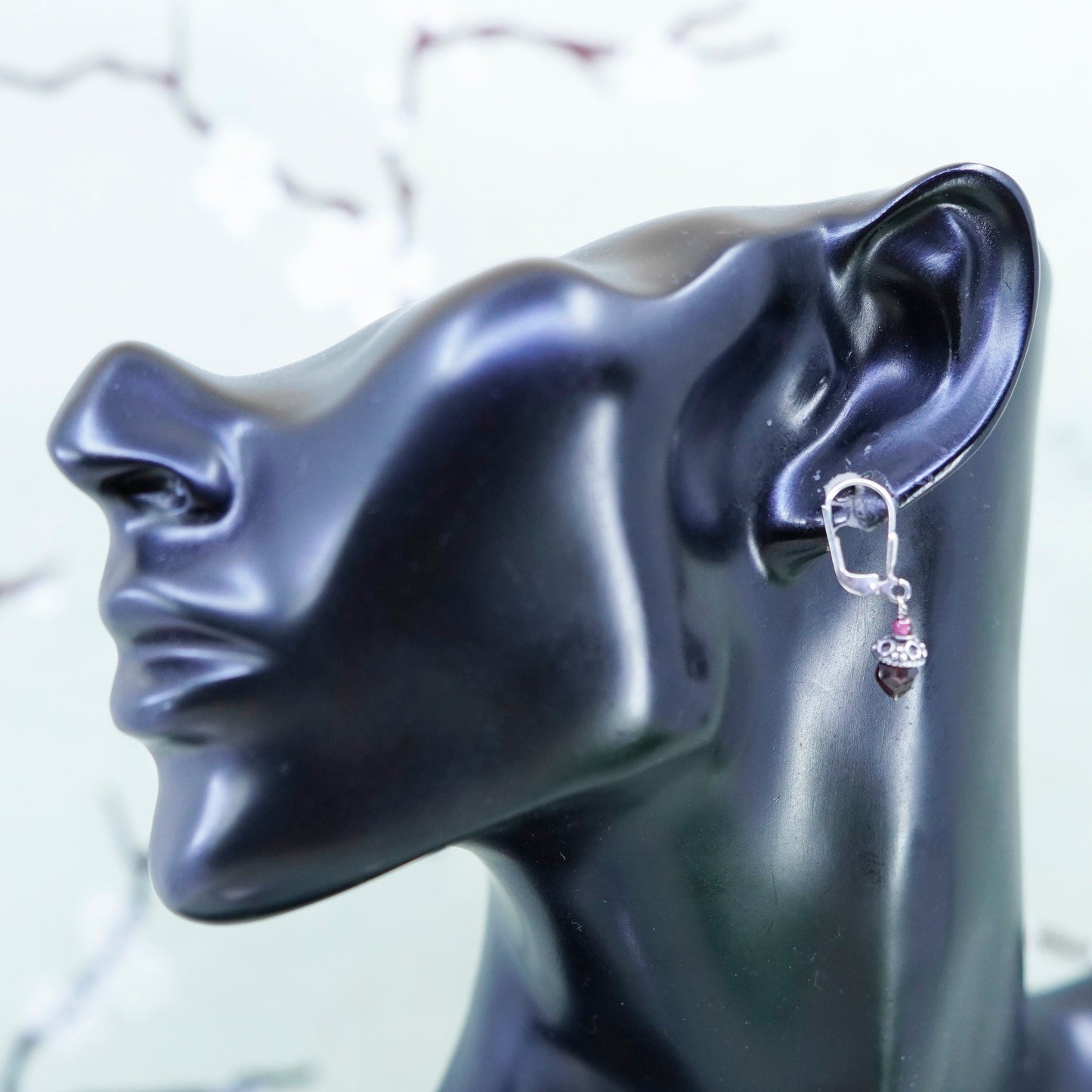 Vintage Sterling silver handmade earrings, 925 hooks with garnet beads