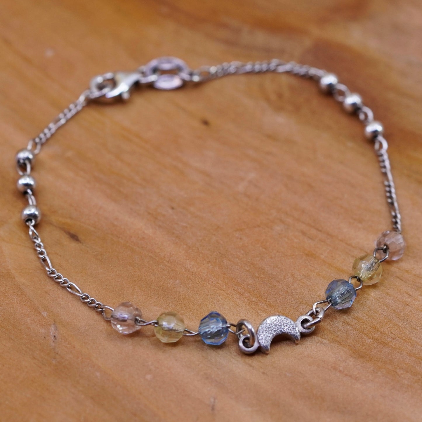 7.25”, vintage Sterling silver bracelet, 925 figaro chain moon charm crystal