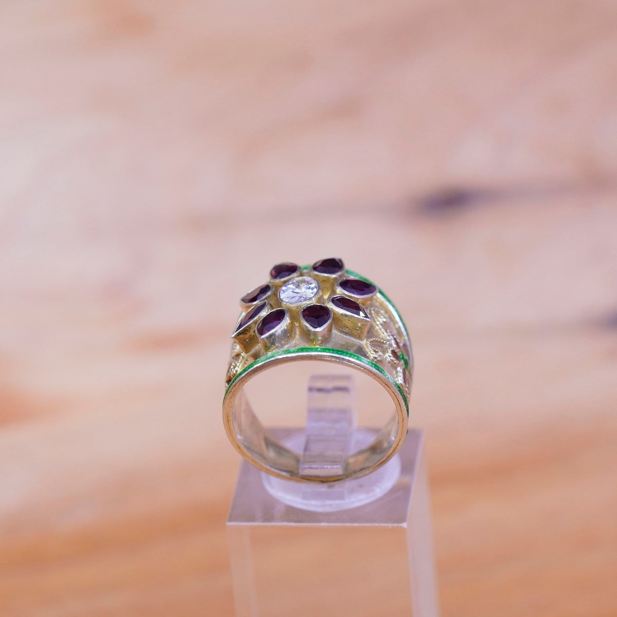 Size 7.5, vermeil gold over Sterling silver ring enamel flower 925 ruby Crystal