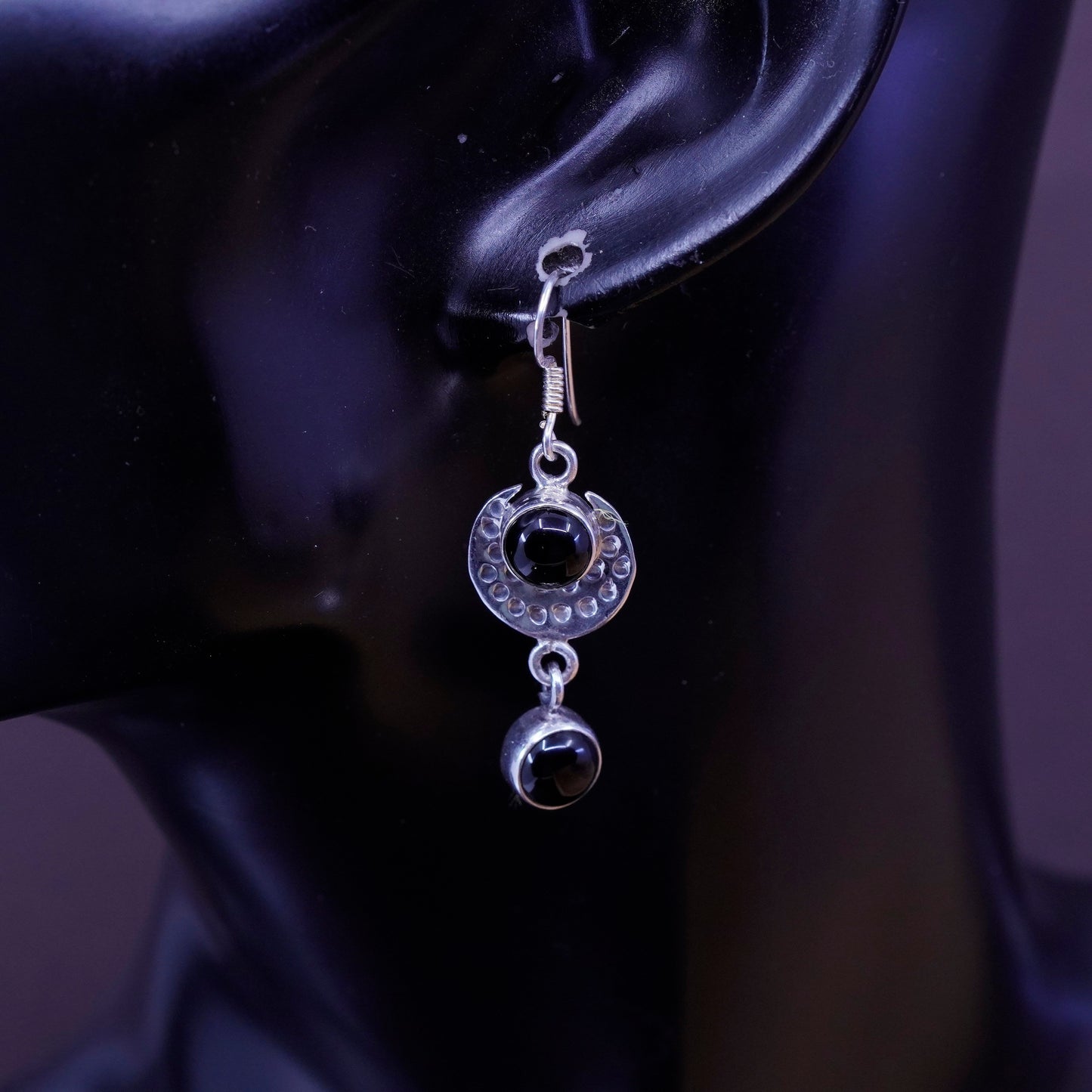 vtg handmade sterling silver earrings, 925 hammered disc with obsidian dangles