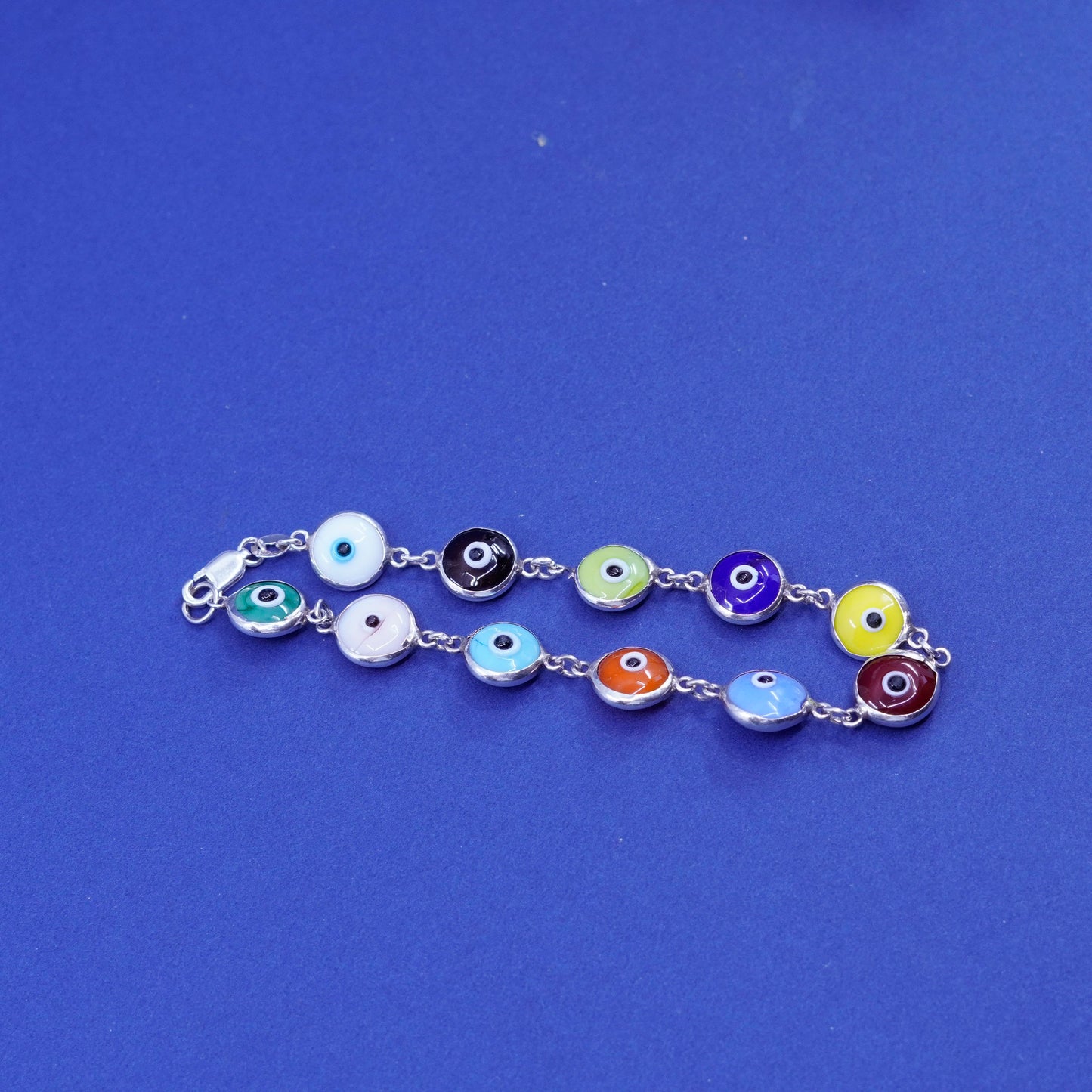 7”, vtg ATI handmade sterling 925 silver bracelet, colorful glass evil eye bead