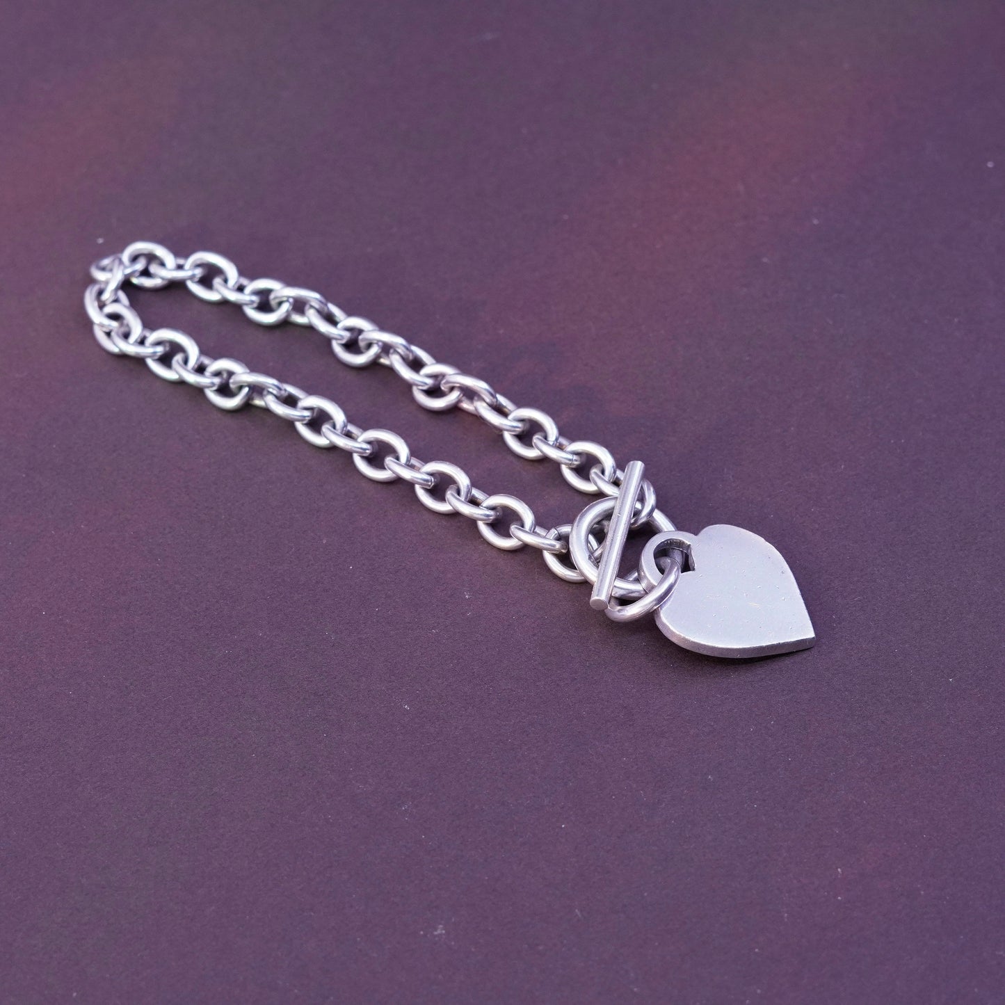 6.75”, Sterling silver handmade charm bracelet, 925 circle chain heart charm