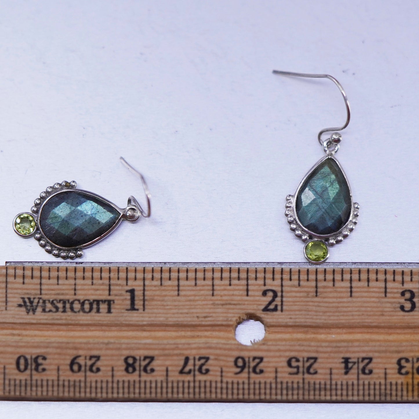 Vintage Sterling 925 silver handmade teardrop earrings with labradorite peridot