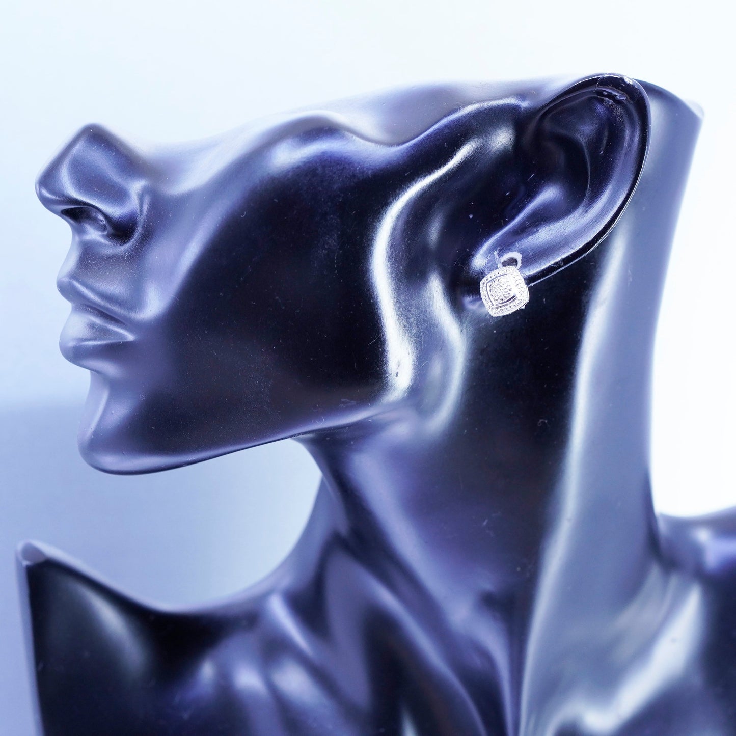 Vintage Sterling 925 silver earrings, square studs with diamond details
