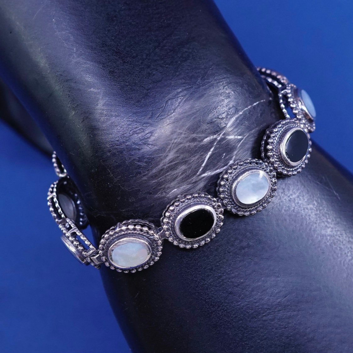 7.25", vtg Sterling silver handmade tennis bracelet, 925 w/ obsidian N MOP