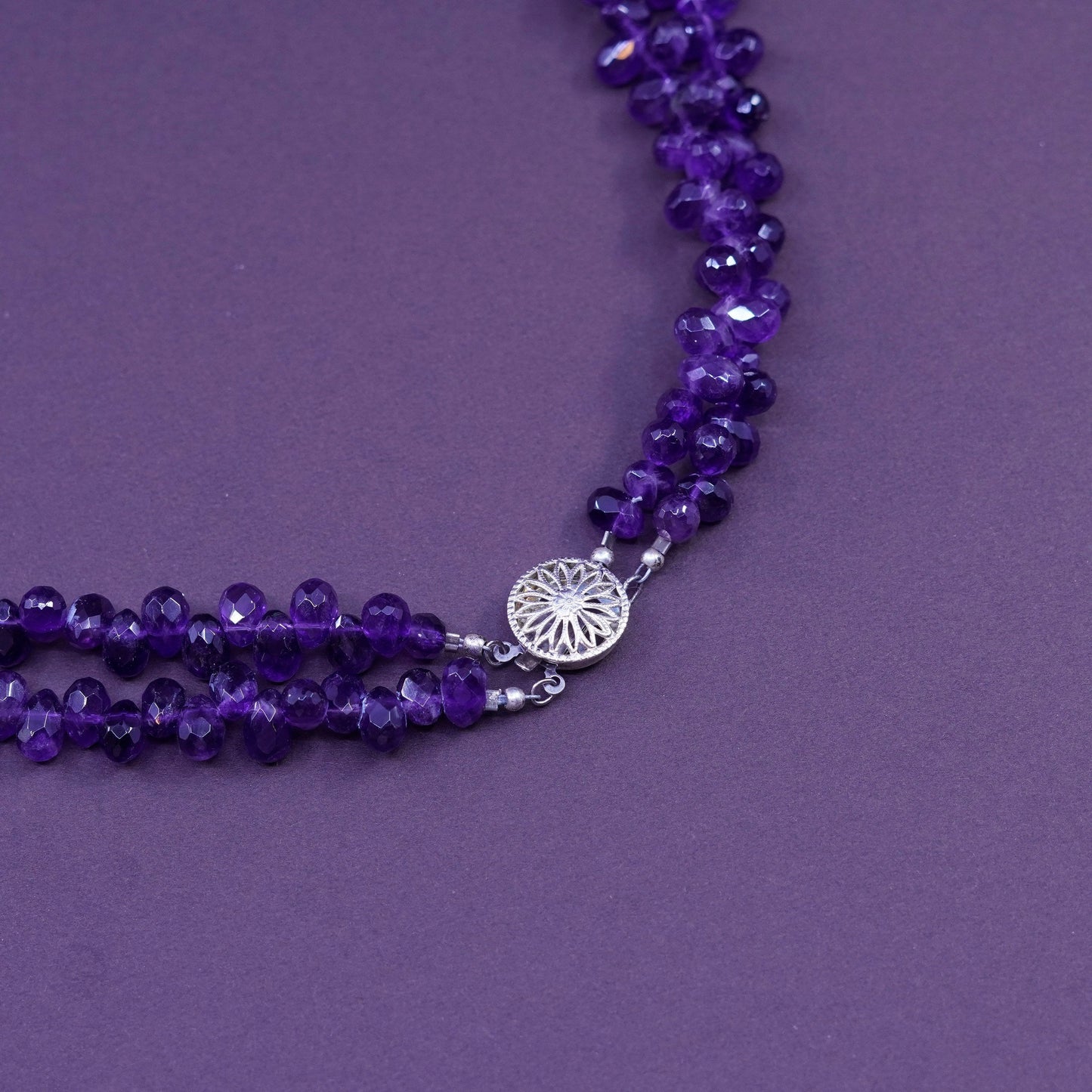 16”, vintage sterling silver handmade necklace with double amethyst strands