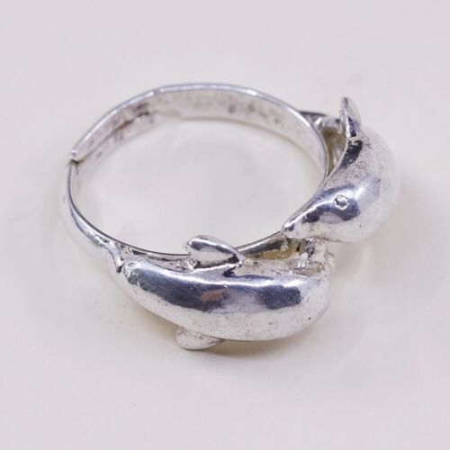 Sz Adjustable, Vtg Sterling Silver 925 Double Dolphin Band Ring, Silver Tested