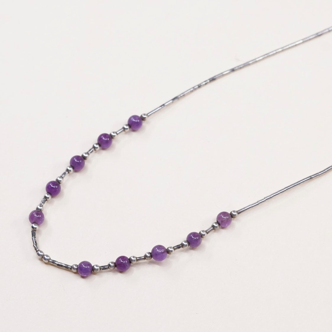 16", Sterling silver handmade necklace, 925 liquid chain with amethyst beads