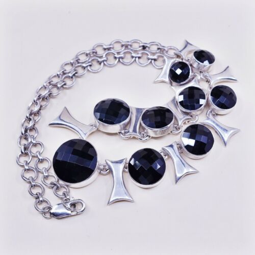 18", Vtg Mexico Modern Handmade sterling 925 silver necklace W/ Checker Obsidian