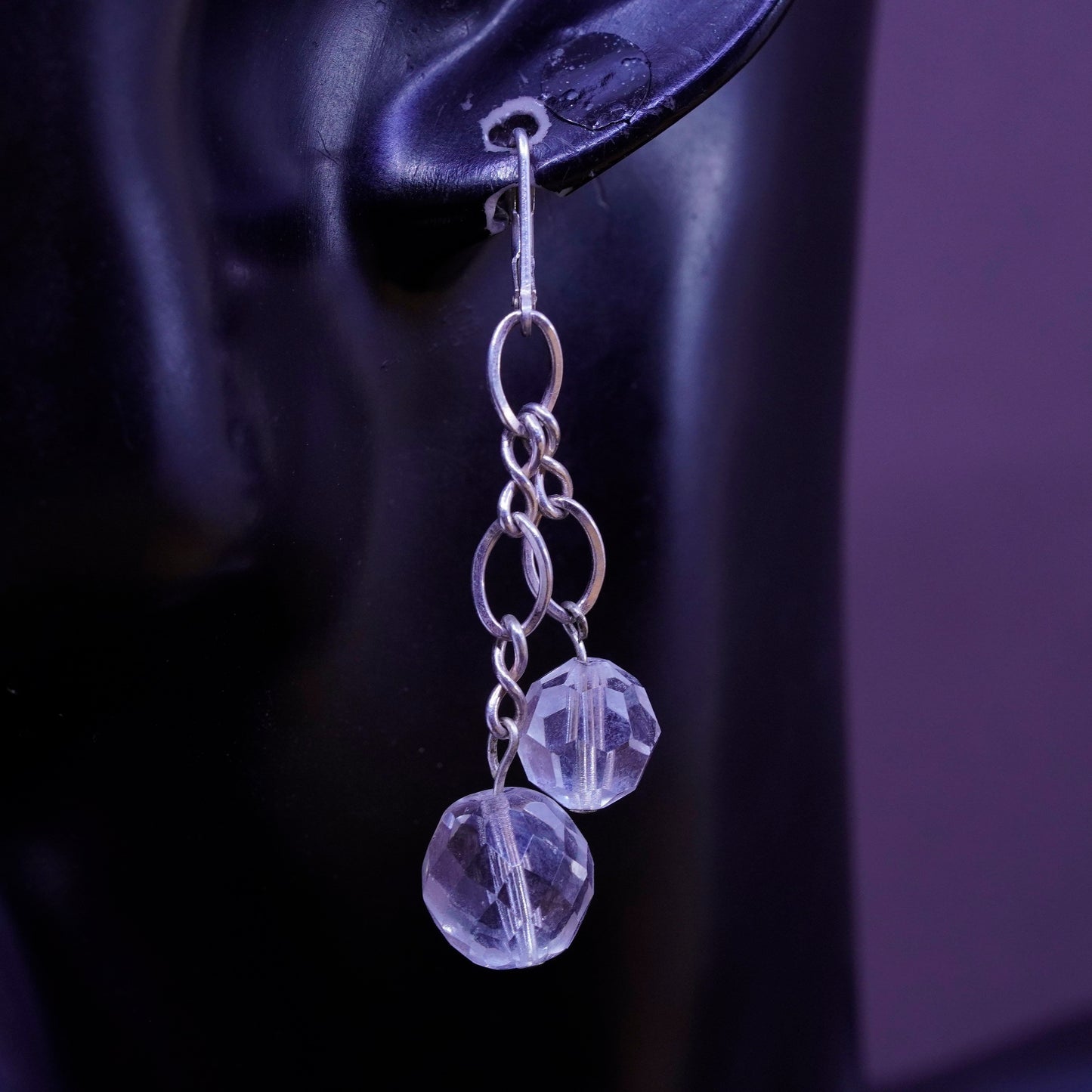 Vintage Sterling silver handmade earrings, hammered 925 Swarovski beads