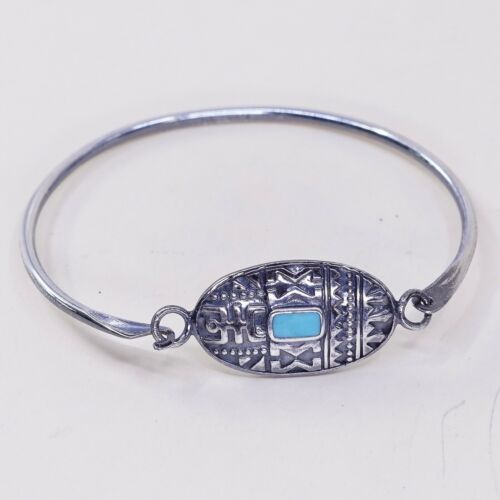 6.5”, Vtg Mexico Sterling Silver Hinged Bangle, 925 Bracelet W/ Turquoise