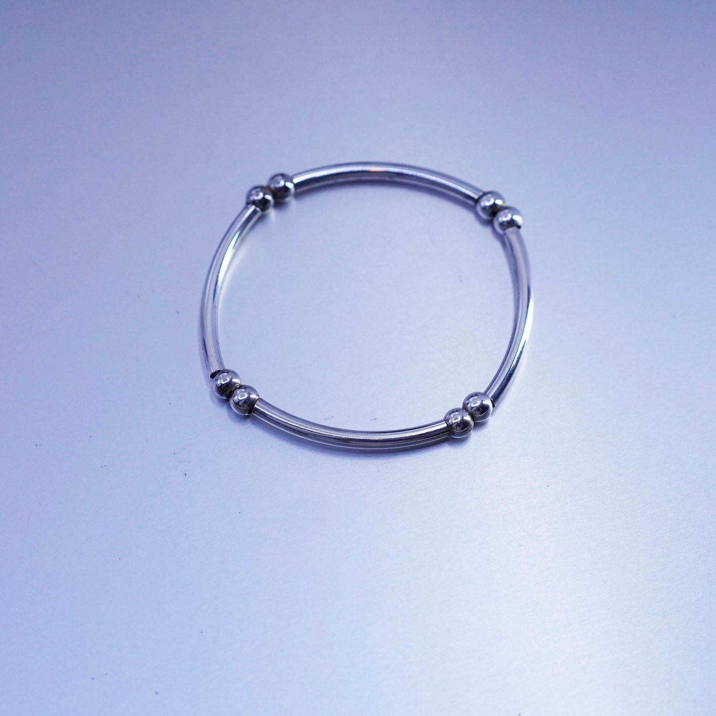 6.25”, vintage Sterling 925 silver handmade bracelet, bar bead elastic bangle