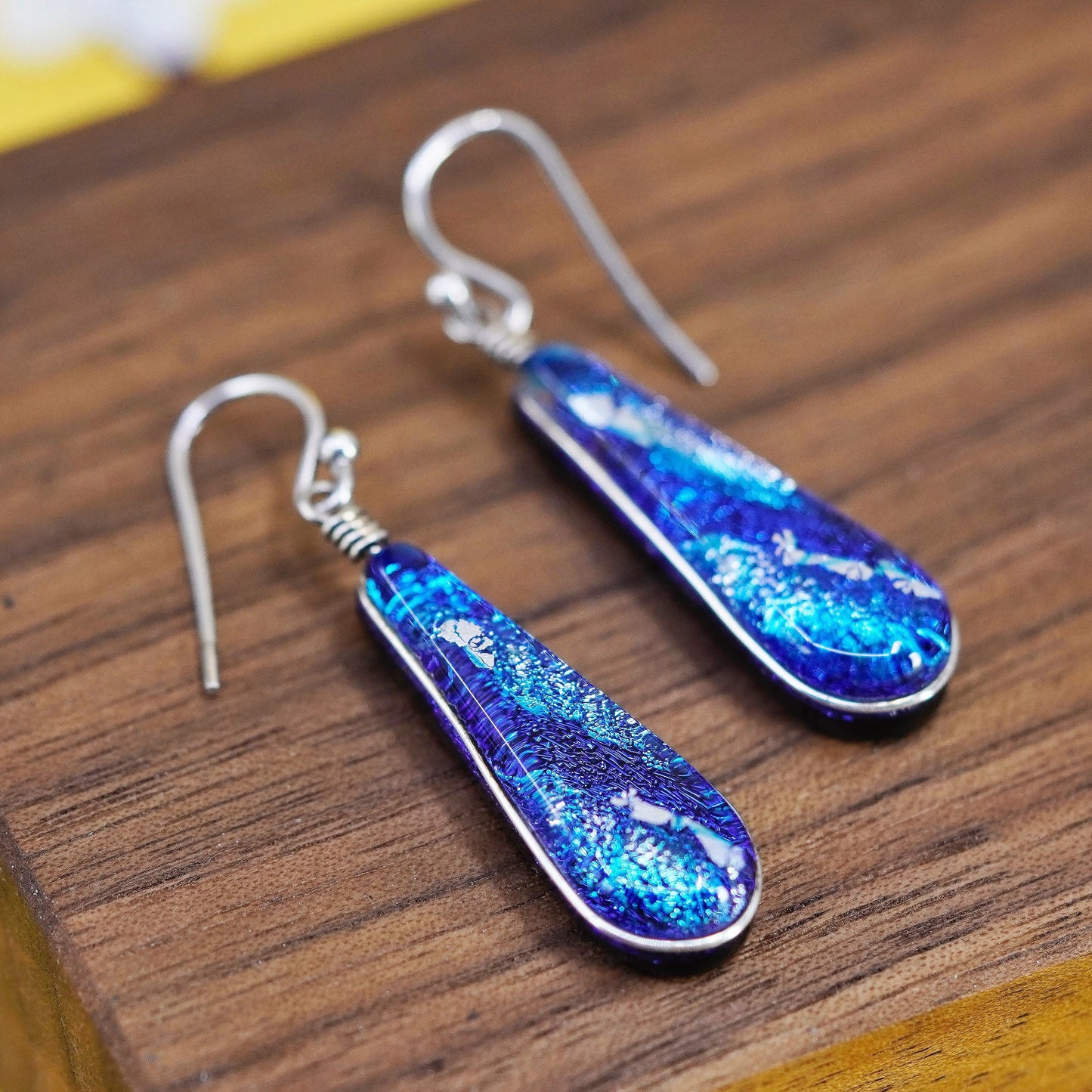 Vintage Sterling silver handmade earrings, 925 blue teardrop foiled glass