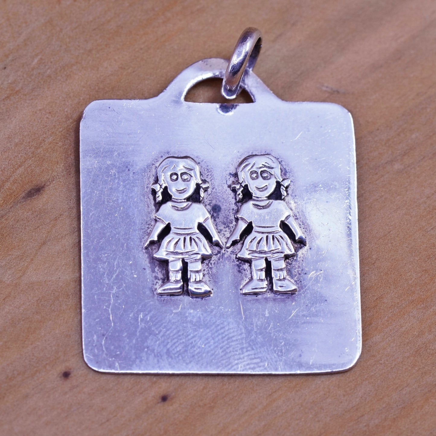 Sterling silver handmade pendant, Mexico 925 girls holding hands, friendship