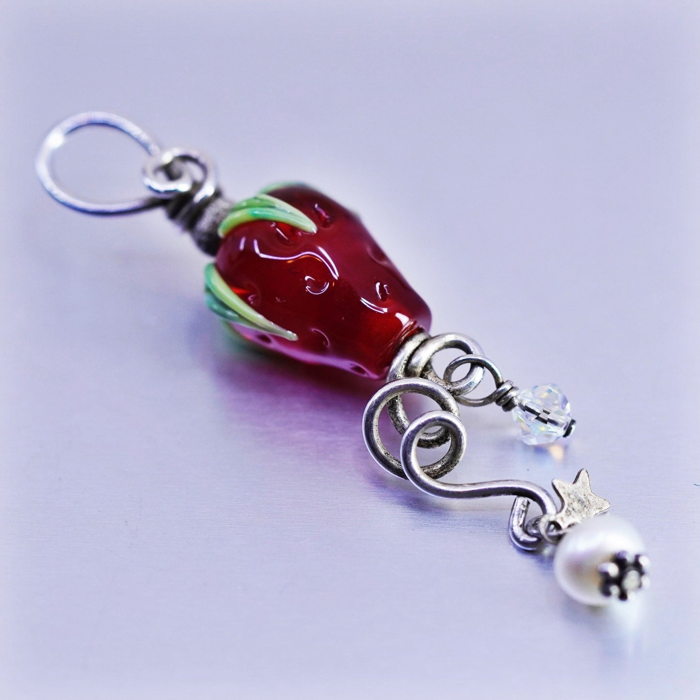 Vintage foiled red flower heart glass pendant