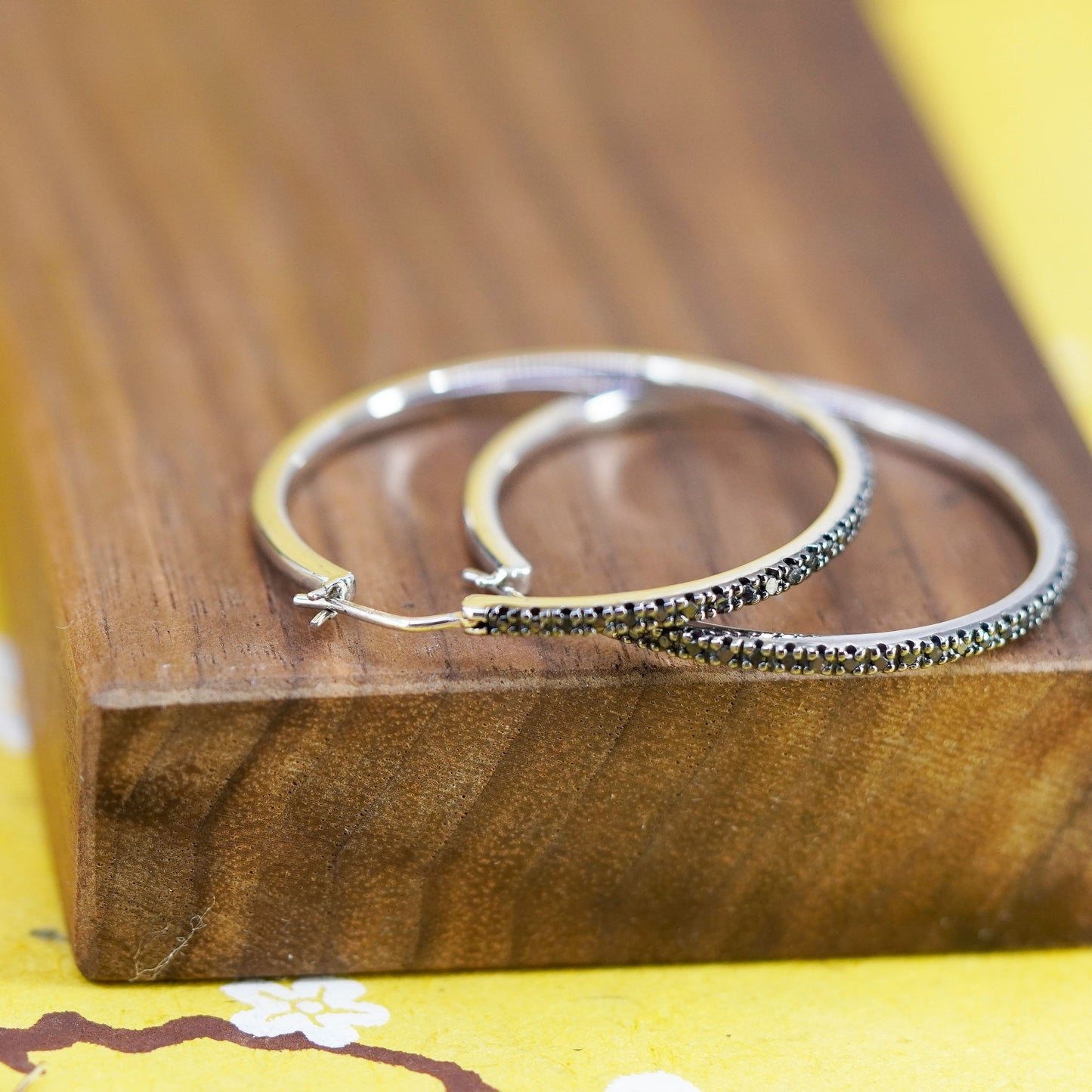 1.5”, Sterling silver hoop earrings, 925 huggie with cluster black diamonds