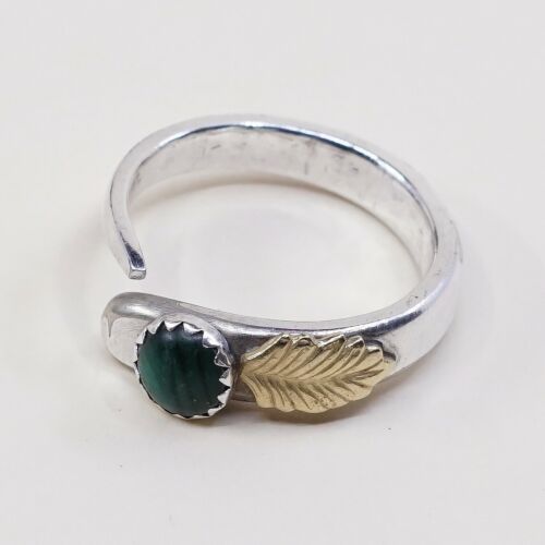 Size 8, Vintage Two Tone Open Ring, Silver Tone W/ Brass Leaf And Abalone