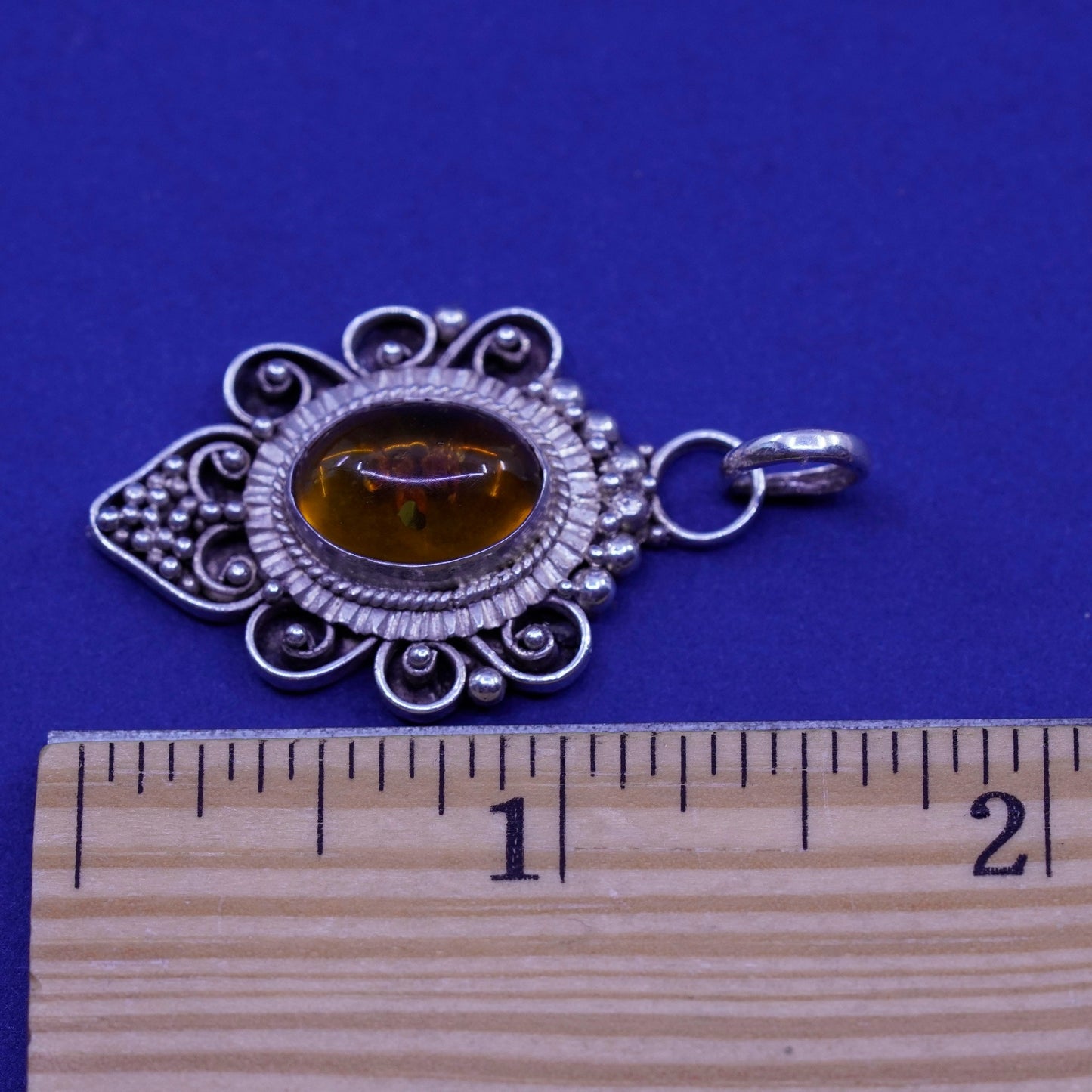 Vintage Sterling 925 silver handmade pendant with amber and beads