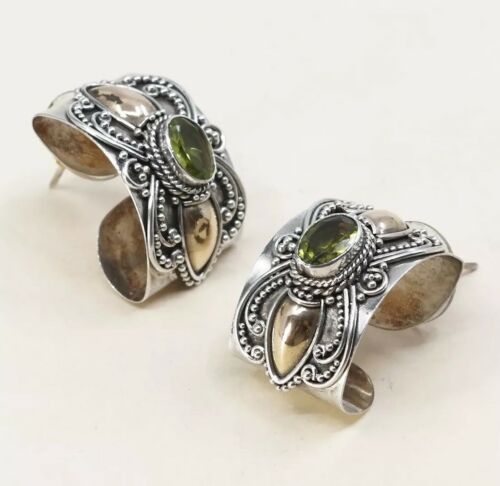 Vtg Two Tone Sterling Silver Handmade Earrings, 925 Studs W/ Peridot N Beads
