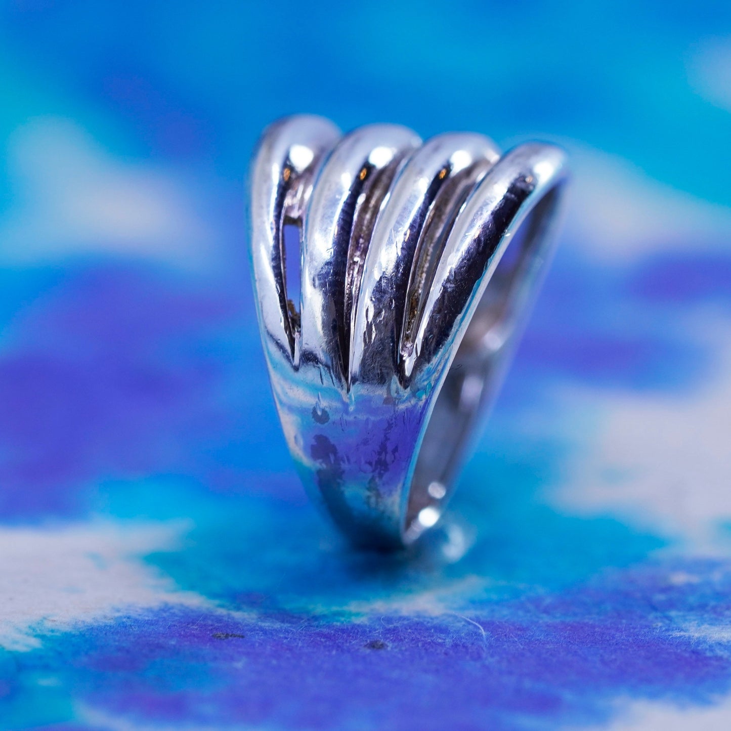 Size 7, vintage Sterling silver ribbed ring, 925 statement wavy band