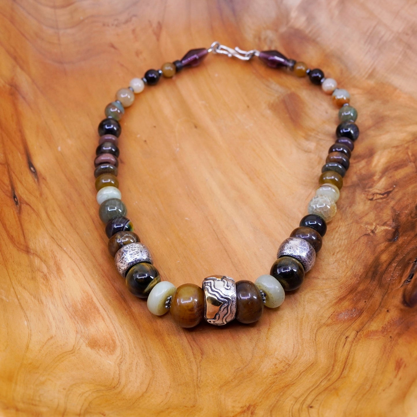 18”, vintage handmade necklace, genuine golden tiger eye, agate jade beads