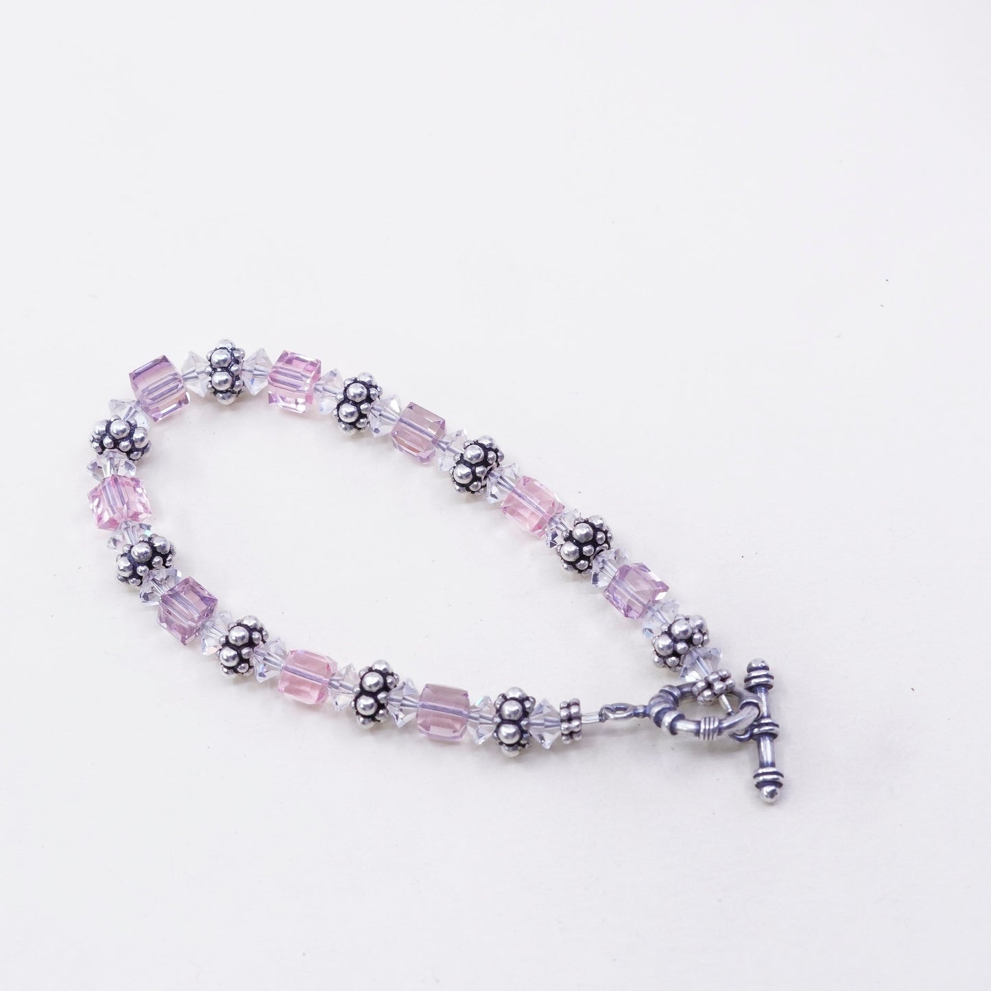 7”, Vintage Sterling silver handmade bracelet, 925 beads with pink crystal