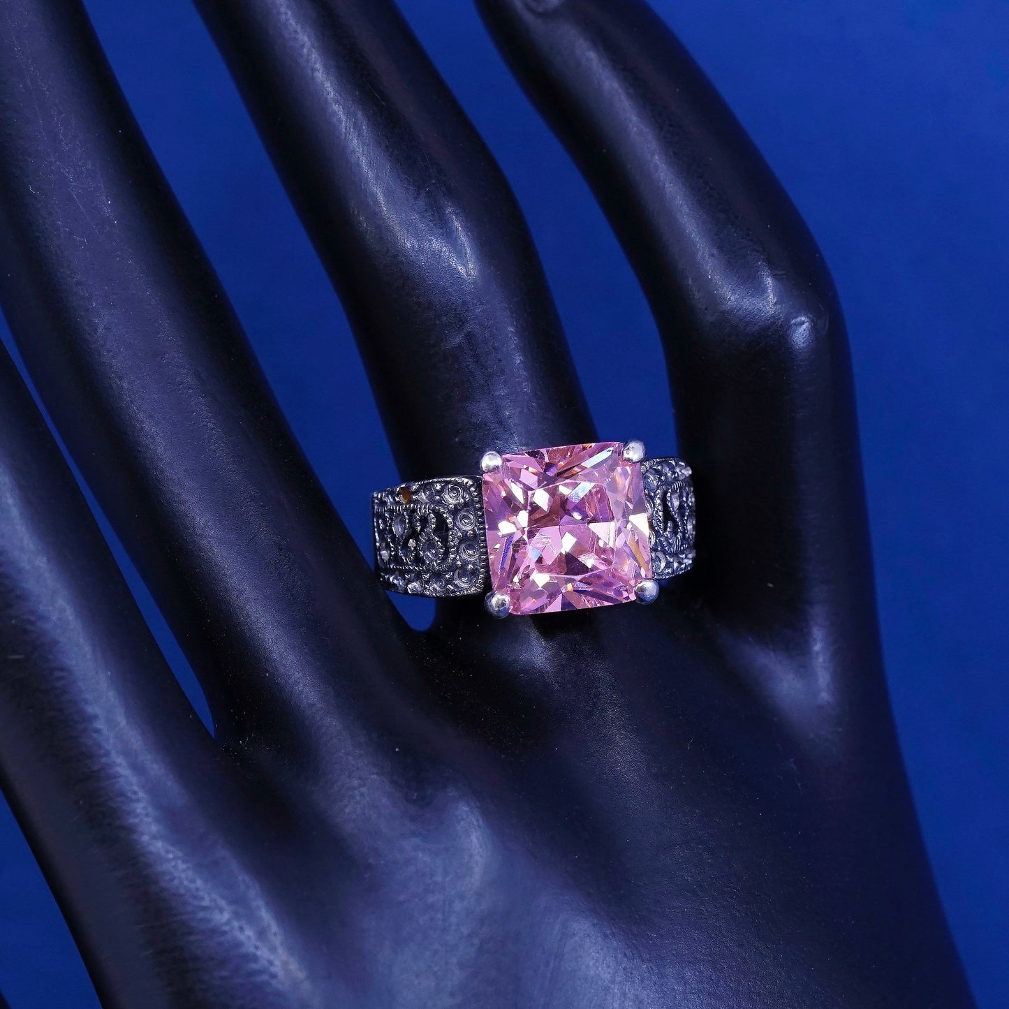 sz 8.25 vtg WS Sterling silver handmade statement ring, 925 w/ pink crystal