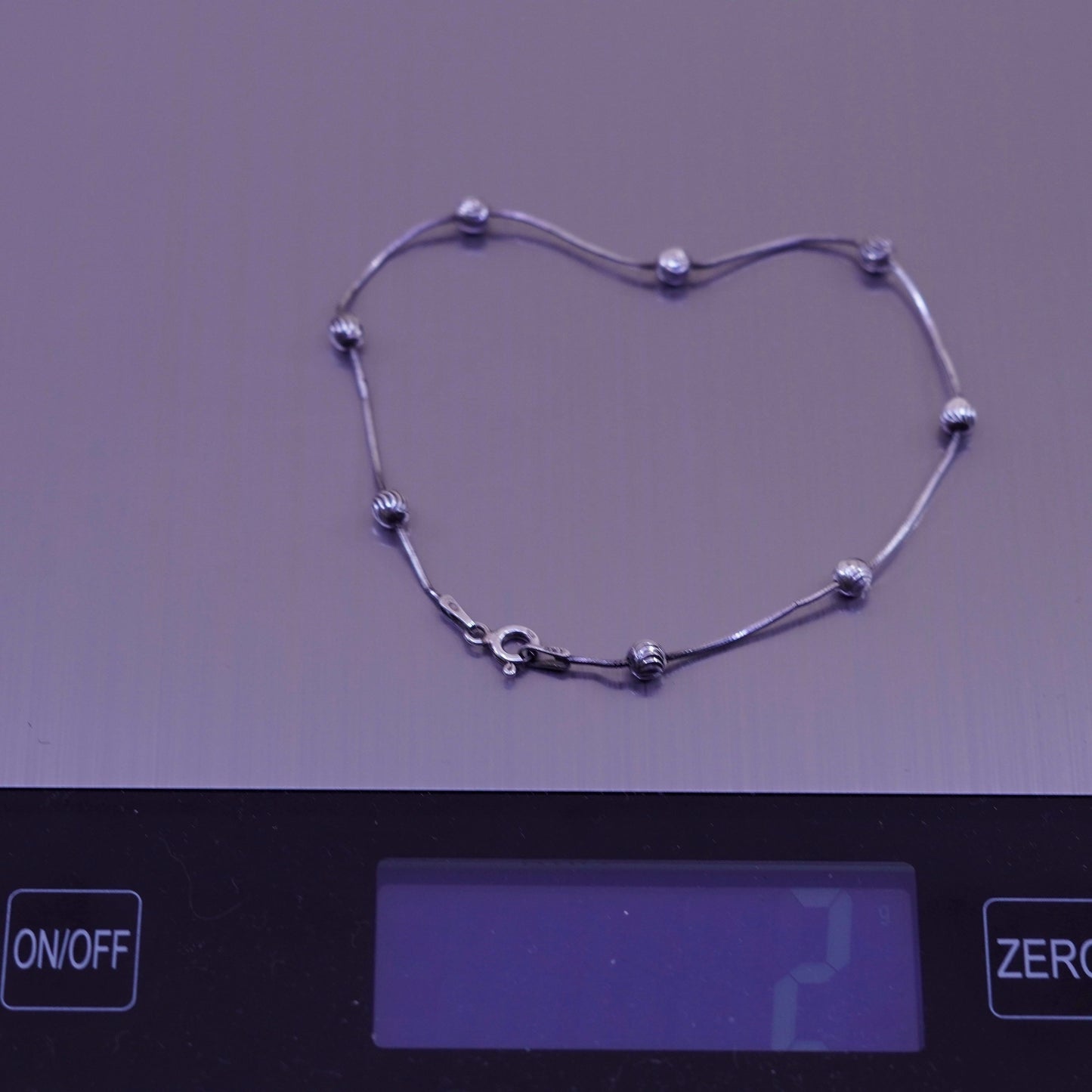 7.75”, 1mm, Vintage sterling silver bracelet, 925 snake chain with beads