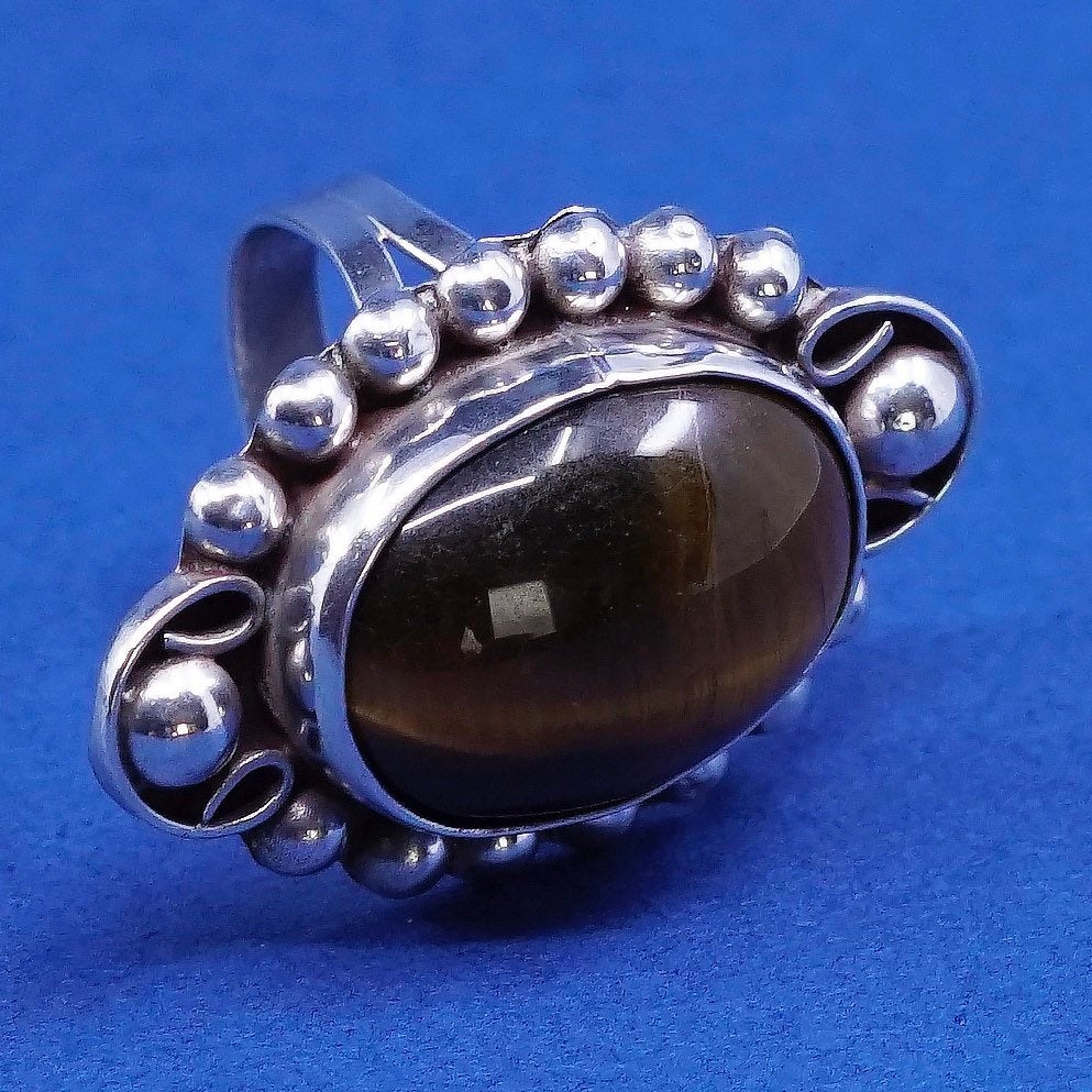 sz 5, vtg mexico Sterling 925 silver handmade ring w/ golden tiger eye N beads